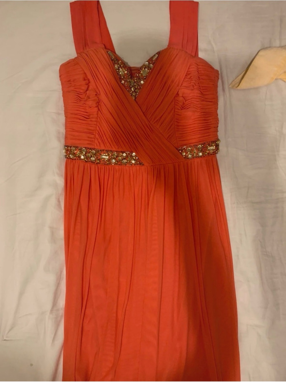 Beaded Coral Orange Empire-Waist Prom Dress
